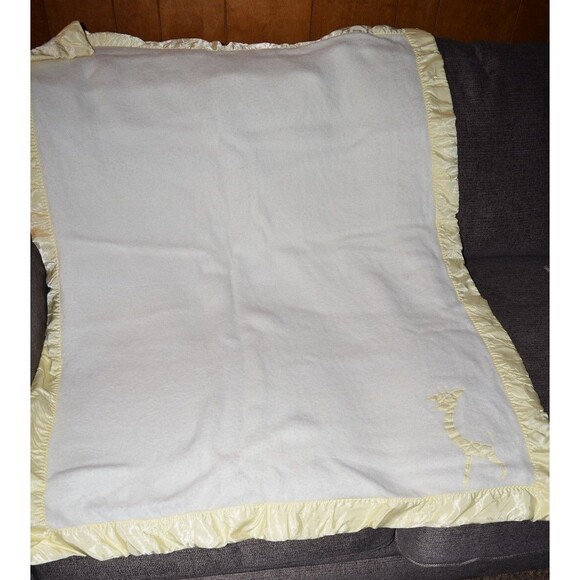 Vtg Baby Chatham Giraffe Wool Baby Blanket Satin Edge 36" x 48" Yellow - Picture 6 of 8
